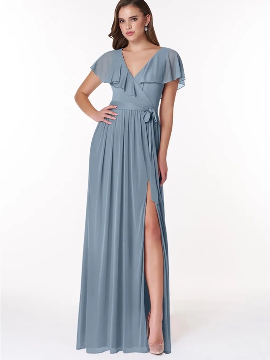 Azazie Dresses & Skirts - Azazie Dusty Blue Wrap Maxi Dress with Flutter Sleeves in Size A6